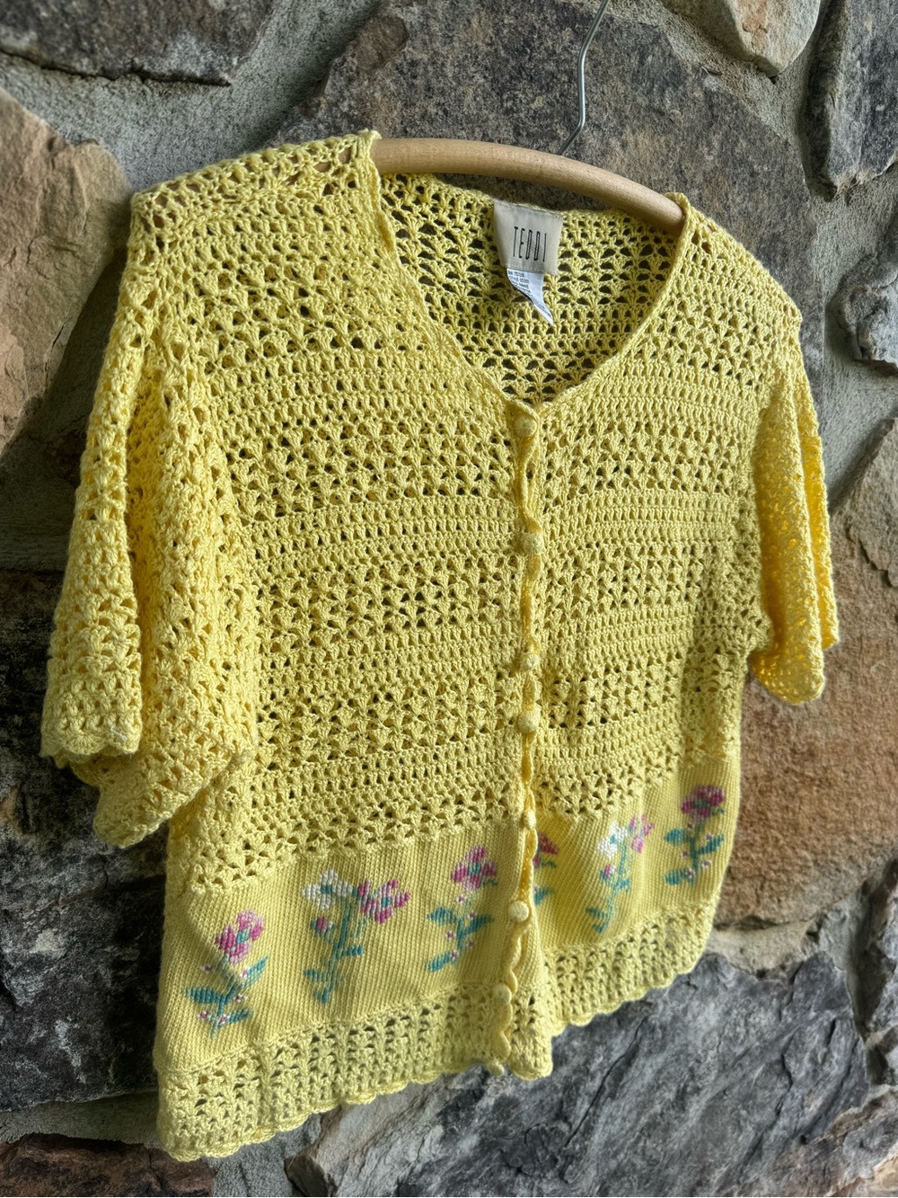 Vintage Yellow Crochet Knit Button-Front Short Sleeve Cardigan M Cross Stitch - Picture 2 of 15